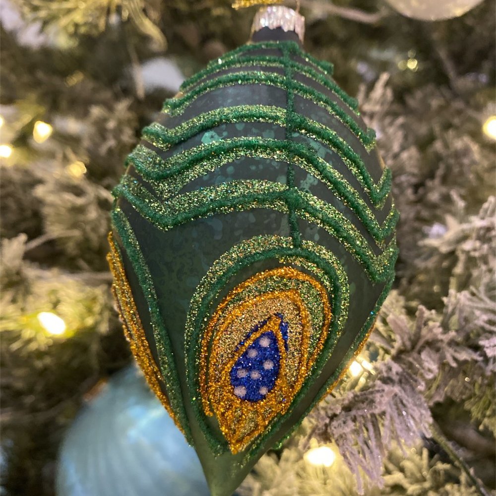 CHRISTMAS ORNAMENT Peacock Feather Motif Ornament Handmade 5" High Pretty